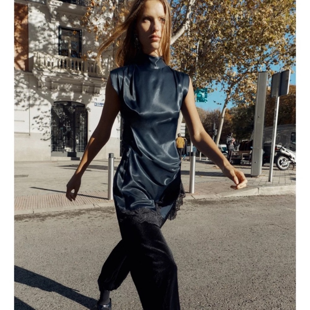 ZARA COMBINATION SATIN EFFECT LACE MINI DRESS - Picture 8 of 11